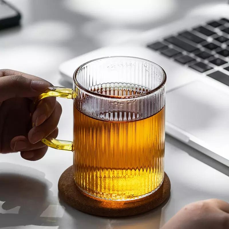 Ribbed Juice Water Drinking Glass Cup With Handle Vertical Striped Borosilicate Heat Resistant Coffee Cup Whiskey Tumbler Glass