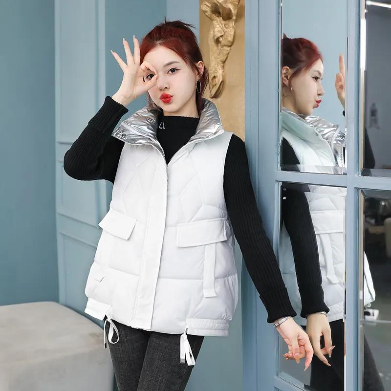 

Осенне-зимний блестящий пуховый хлопковый жилет женский свободный повседневный безрукавный теплый модный жилет женская верхняя одежда парки XXXL белый