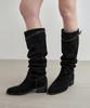 Mongdol Buckle Strap Cow Leather Suede Shirred Long Boots Mdac045_2 Colors