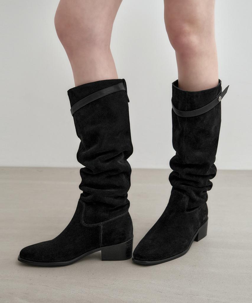 Mongdol Buckle Strap Cow Leather Suede Shirred Long Boots Mdac045_2 Colors