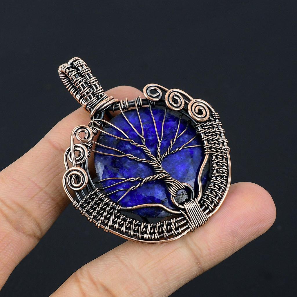 Tree Of Life Blue Sapphire Pendant, Handmade Gemstone Pendant, 999 Copper Wire Wrapped Pendant Antique Jewelry, For Engagement Gift