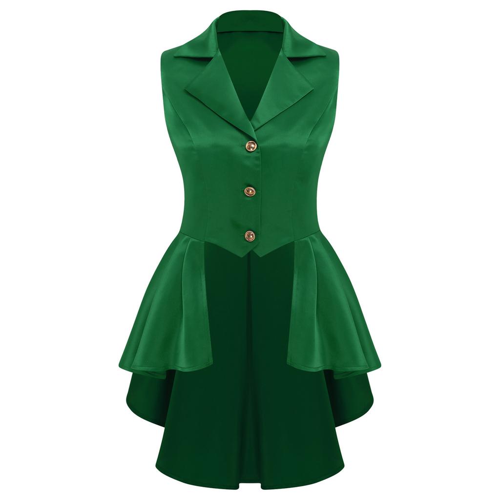 Womens Victorian Style Waistcoat Turn Down Collar Sleeveless Design Front Buttons Asymmetric Ruffle Hem Jacket Top