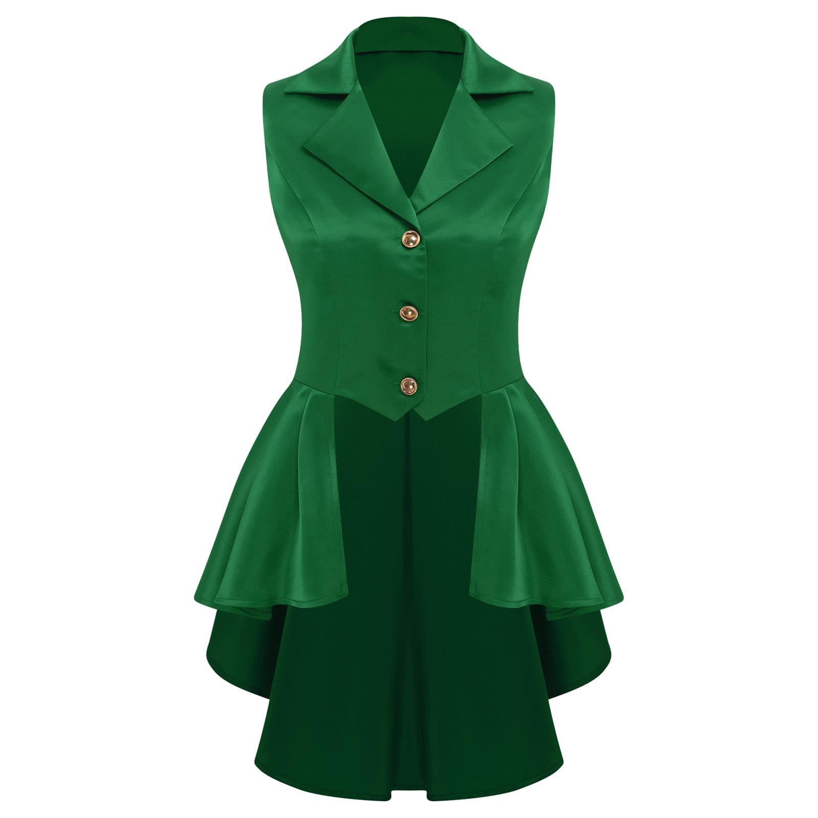 

Жіночий жилет у вікторіанському стилі з відкладним коміром, без рукавів, на ґудзиках спереду, з асиметричним рюшем по подолу, куртка-топ XXL зелений