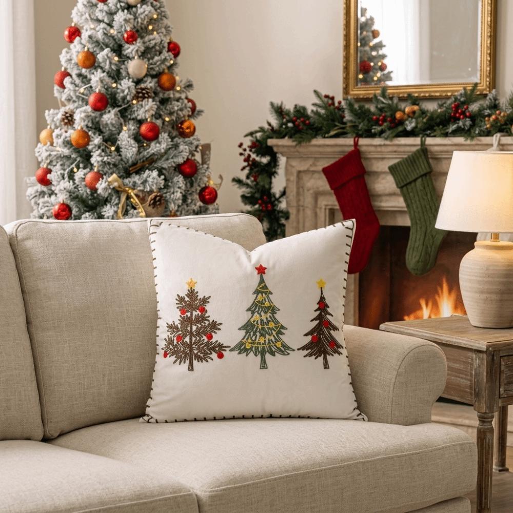 Embroidered Christmas Pillowcase Exquisite Xmas Tree Pillowslip Cushion Cover Bedroom
