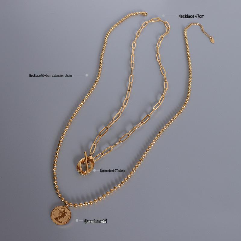 French Non-Fading Luxury Titanium Steel Double Layer Necklace with OT Buckle for Women