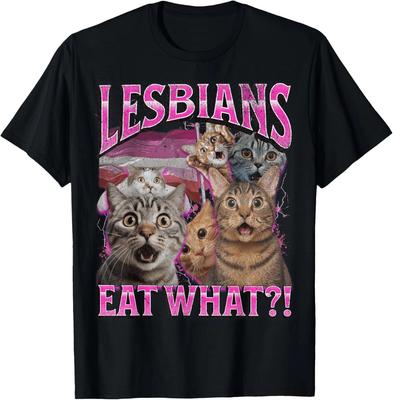 Lesbiennes Mangent Quoi Chat Drôle Fierté Gay LGBTQ Jeu de Mots T-shirt Bootleg Vêtements Manches Courtes Hommes Femmes Toutes Saisons