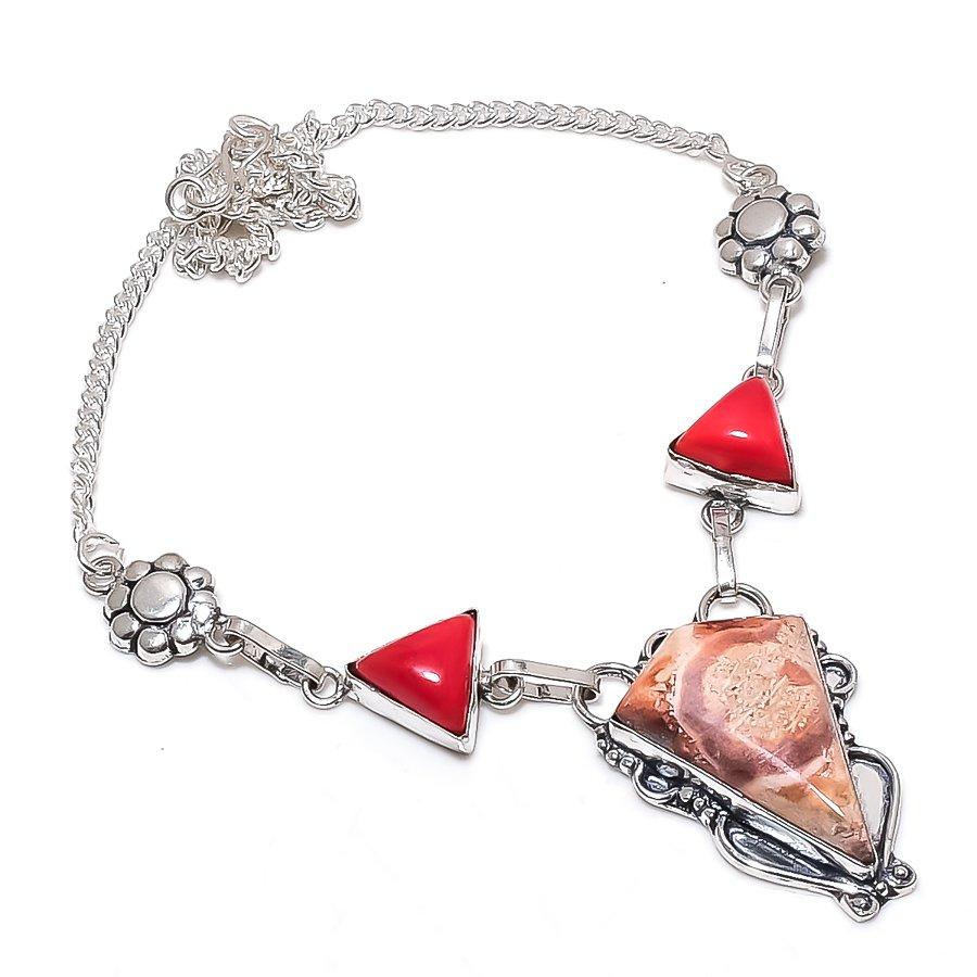 Natural Bird Eye Jasper, Coral 925 Sterling Silver Jewelry Necklace 18" Z4O79
