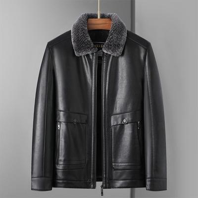 Leather Jacket Men's Jacket Business Casual Fleece Thickened Fur Integrated Winter Dad Lapel Leather Jacket