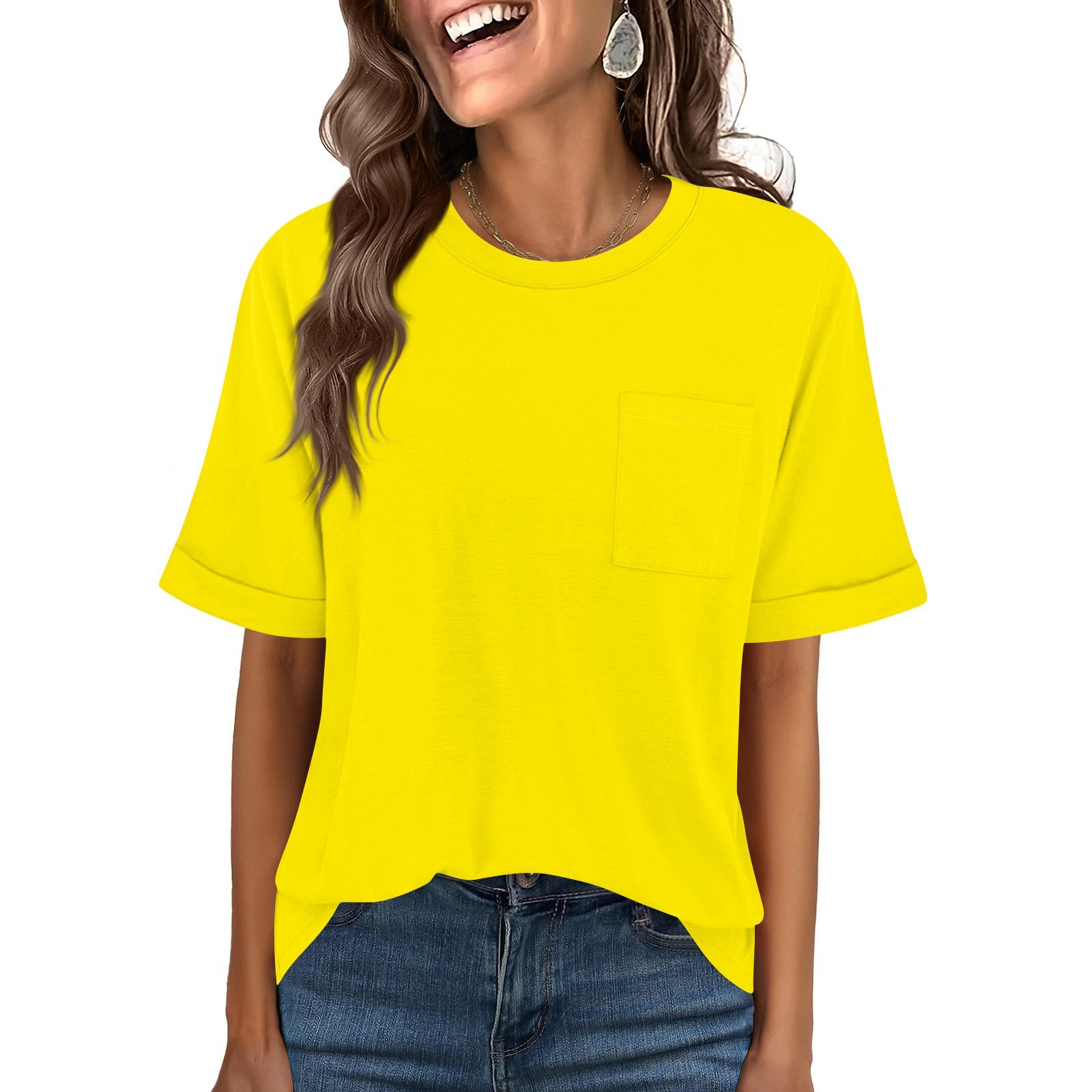 

Women Casual Loose Fit Crew Neck Pocket Short Sleeve Top Soft Lightweight Relaxed Style Shirt Blouse for Daily Wear M