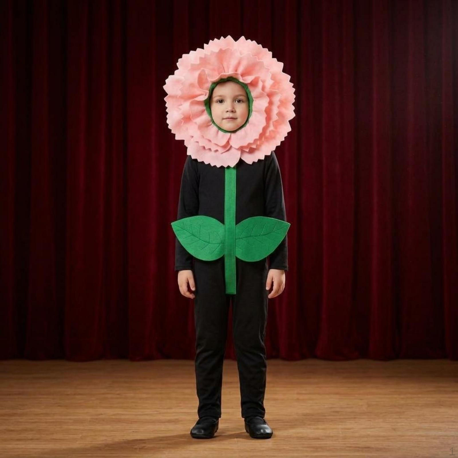 kids Carnation Costume Leaf Appliques FullBody Jumpsuit Green Accents Flower Headpiece for