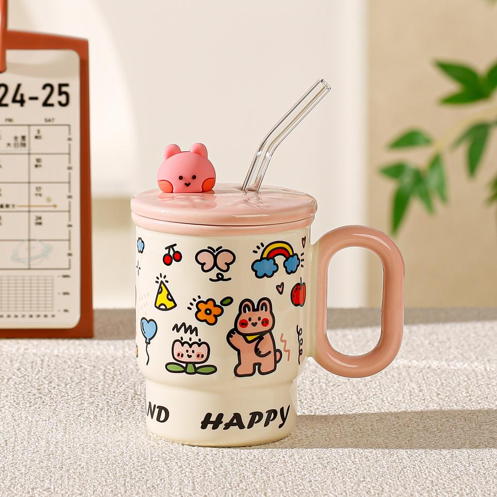Straw mug with lid High value cute animal ceramic cup Household water cup Couple coffee juice cup