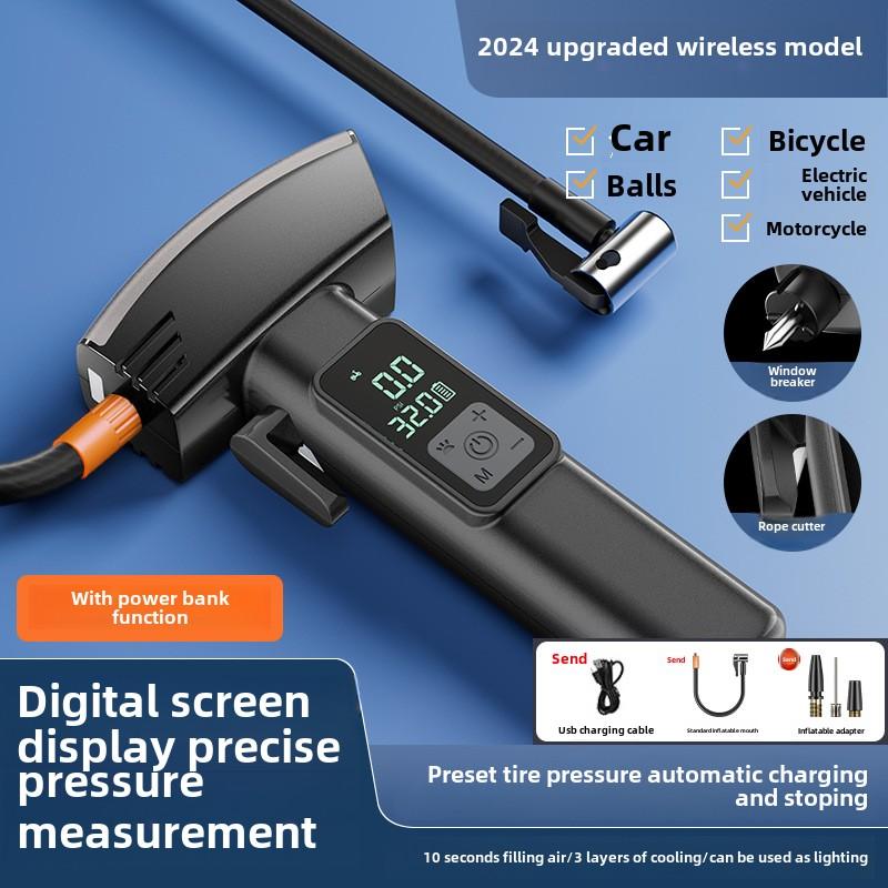

Портативный автомобильный воздушный компрессор, беспроводной насос для накачивания шин с аварийным стеклоподъемником, резаком для ремней безопасности, цифровым дисплеем, светодиодной подсветкой чёрный