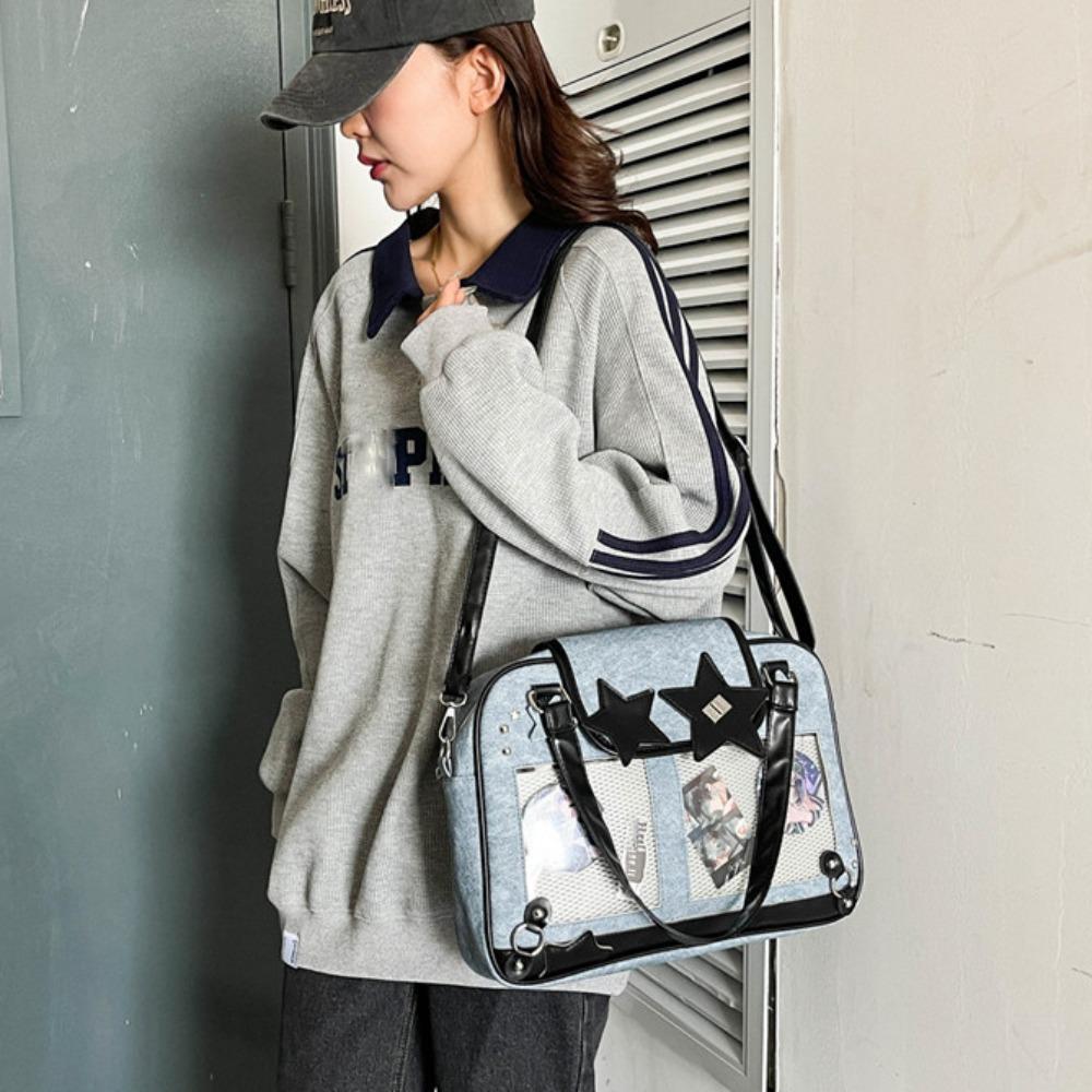 Star Decoration Shoulder Ita Bag Denim Y2K Anime Display Bag Goth Transparent Pocket  Daily