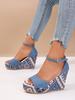2025 Foreign Trade New European and American Style Denim Round Head Hollow One-word Buckle Weave Water Platform Muffin Bottom Slope Heel Sandals