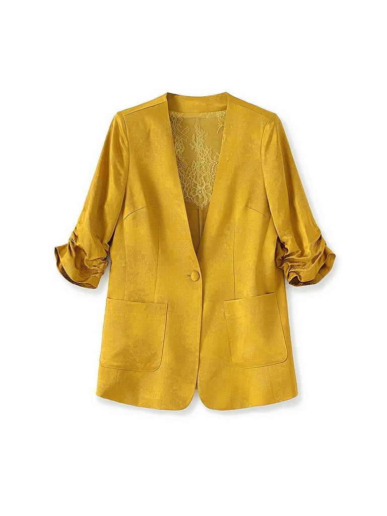 Women's Light Luxury Jacquard Ruched Sleeve V-Neck Lace Blazer