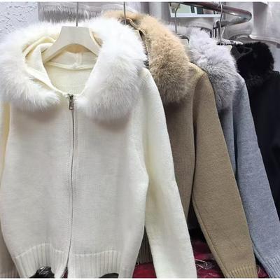Long-sleeved Fur Collar Hooded Sweater Autumn and Winter Inner and Outer Wear Dual-purpose Ladies Solid Color Zipper Blouse Slim Knit Ladies Cardigan