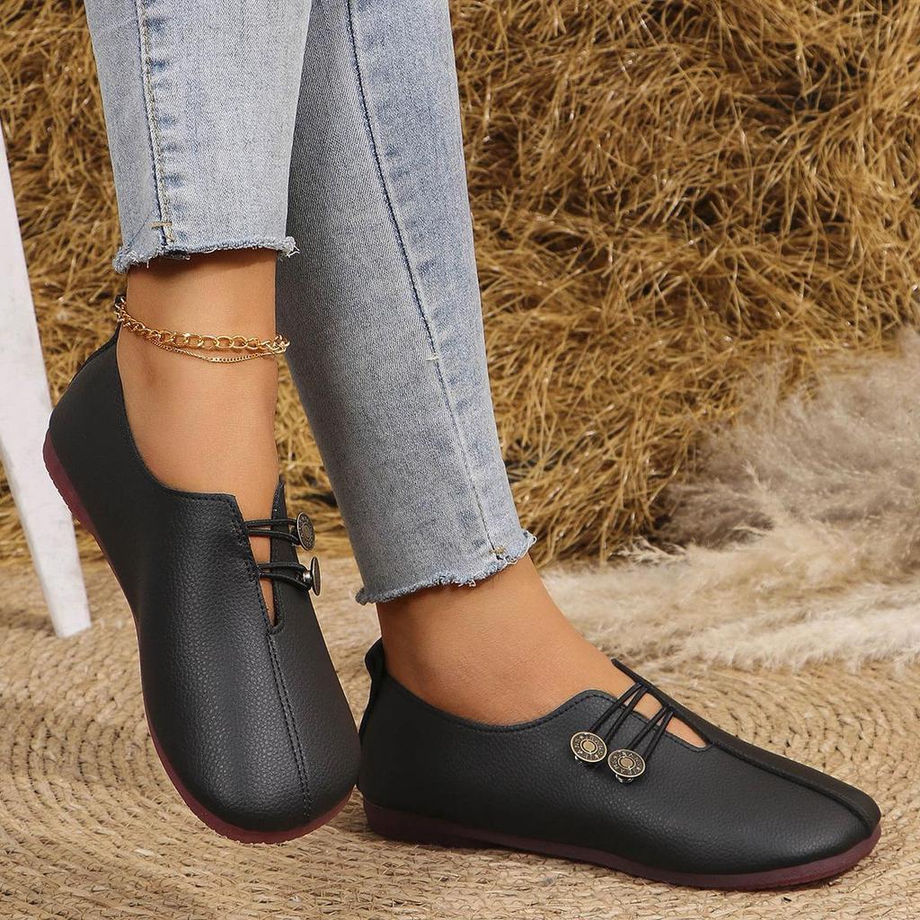 Damskie płaskie wsuwane buty z miękkiej skóry - Okrągły nosek, casualowe, plus size, kolekcja lato 2024.