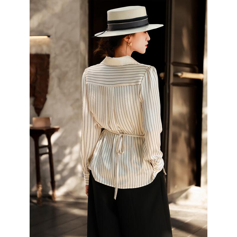 Lanser 2026 Spring Striped Lapel Waist-Tie Shirt