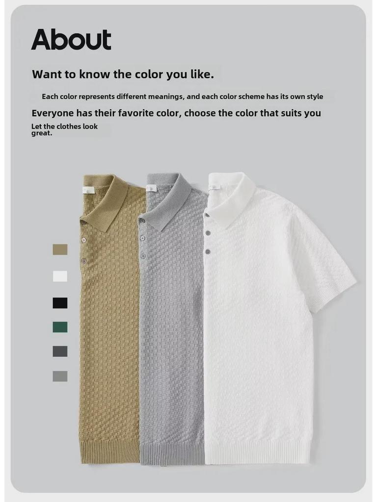 Men's Japanese Style Light Luxury Plaid Polo Shirt - Solid Color, Short Sleeve, Trendy Lapel Design