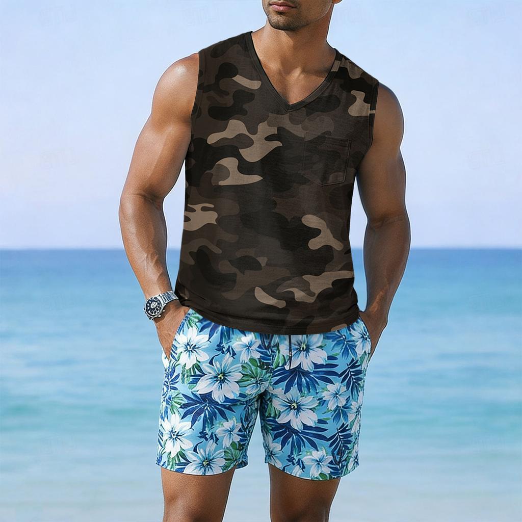 Men V Neck Sleeveless Camouflage Print Tank Top with Chest Pocket Casual Loose Fit Lightweight Shirt for Summer Outdoor Activities