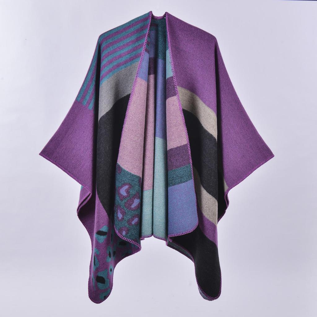 Versatile Plaid Women's Faux Cashmere Shawl: Ethnic Style Slit Cape for Autumn/Winter