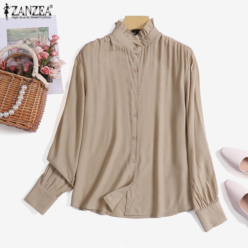 

ZANZEA Повседневная стойка Воротник с длинным рукавом Женщины Блузки Рубашки