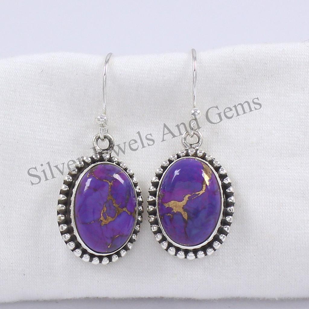Oval Purple Copper Turquoise Earrings, 925 Sterling Silver, Handmade