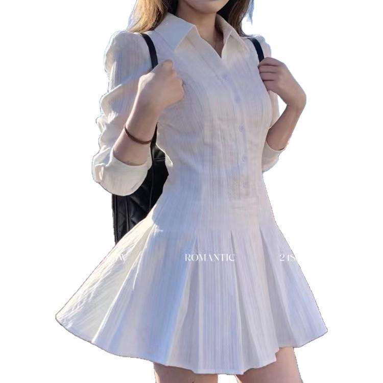 Academy Style White Long-sleeved Shirt Dress Women's Waist Temperament Design Collar Pleated Short Skirt Autumn