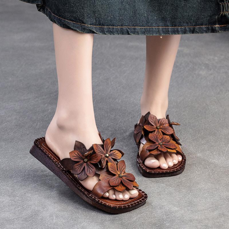 Fashion GKTINOO Flower Slippers Genuine Leather Shoes Handmade Slides Flip Flop On The Platform Clogs For Women Woman Slippers Plus Size