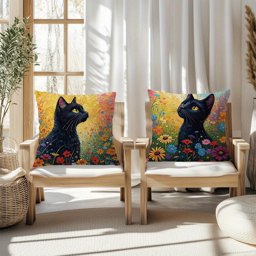 Artistic Black Cat - Floral Oil - Painting Pillow CoversLiving Room Sofa Cushion Cover, Soft and Comfortable, Room Decoration