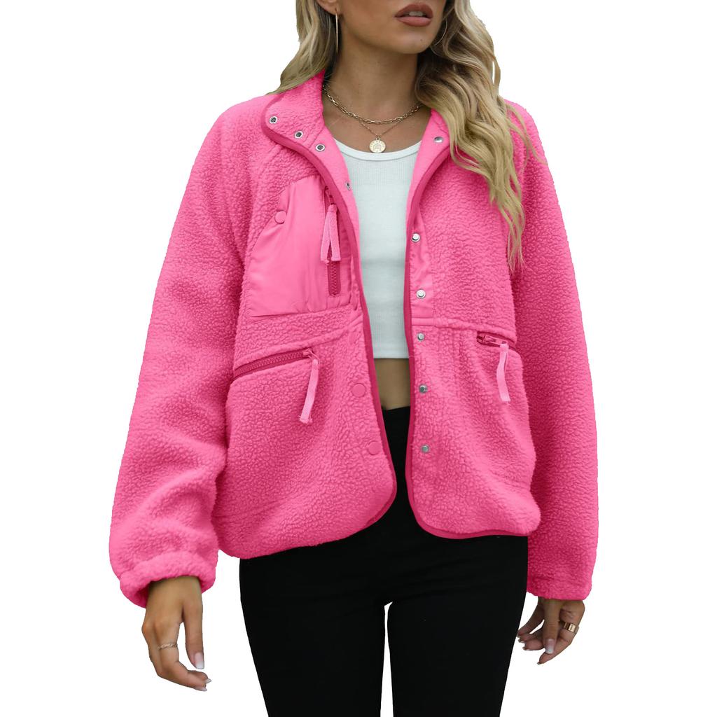 Damen Stehkragen Fleecejacke Knopfleiste Lässige Oberbekleidung Langarm Leichtes Sportliches Oberteil mit Tasche