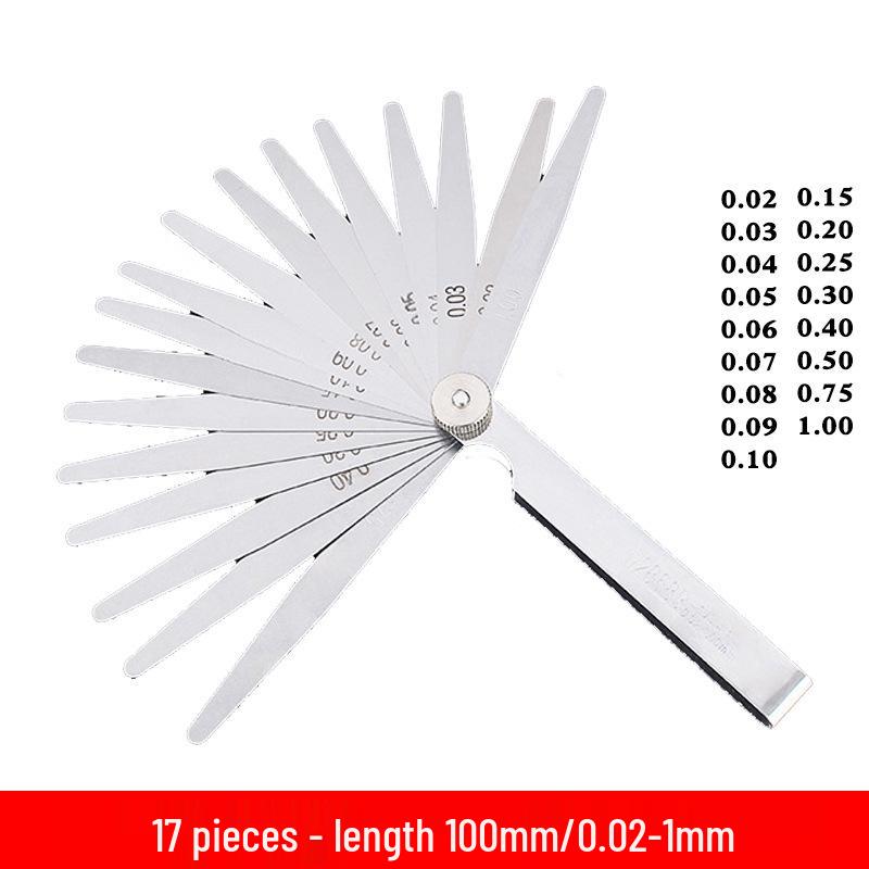 0.02-1.0mm Stainless Steel Feeler Gauge Set, 0.05mm Precision, 17 Blades, 100mm Length