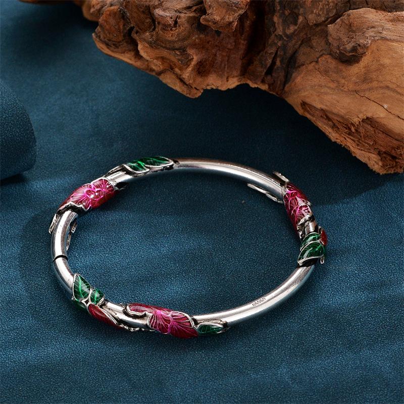 New Flower Burnt Blue Vintage Enamel Color Bracelet Women's Cloisonne Lotus Edge Leaf Silver Bracelet As A Birthday Gift for Mom