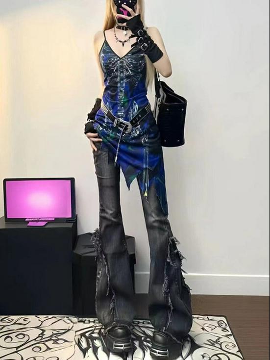 New 2024 Low Waist Gray Flared Jeans for Women - Retro Raw Edge Style