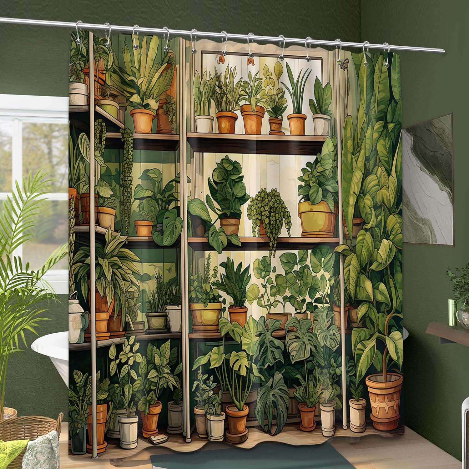 Textile Article Green Botanical Shower Curtain, Vintage Plant Print, Fake Potted Florals, Waterproof Fabric Bathroom Set