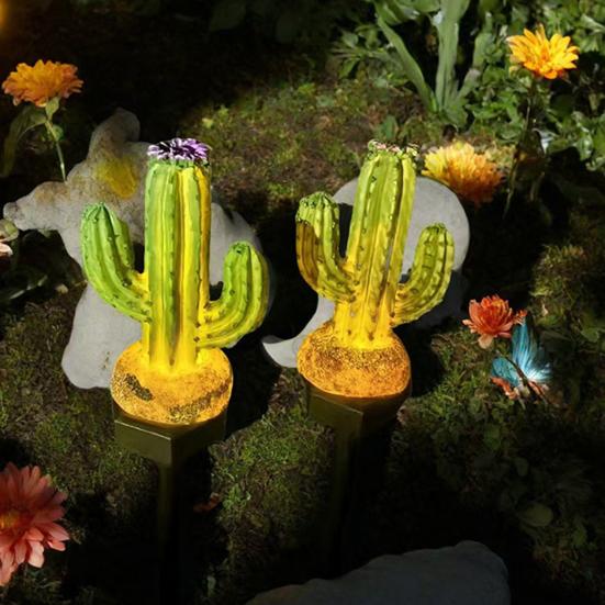 Solar Powered Garden Lights Cactus Light, Resin Pathway Waterproof Decorations for Patio LED Light with Stake Yard Lawn Decor Warm