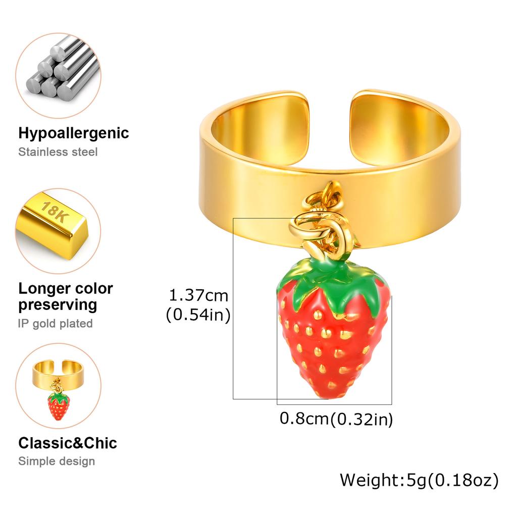 Modischer Frucht-Erdbeer-Anhänger Offener Ring für Damen Edelstahl 6mm Breit Grober Ring Schicker Kreativer Finger Schmuck Geschenke