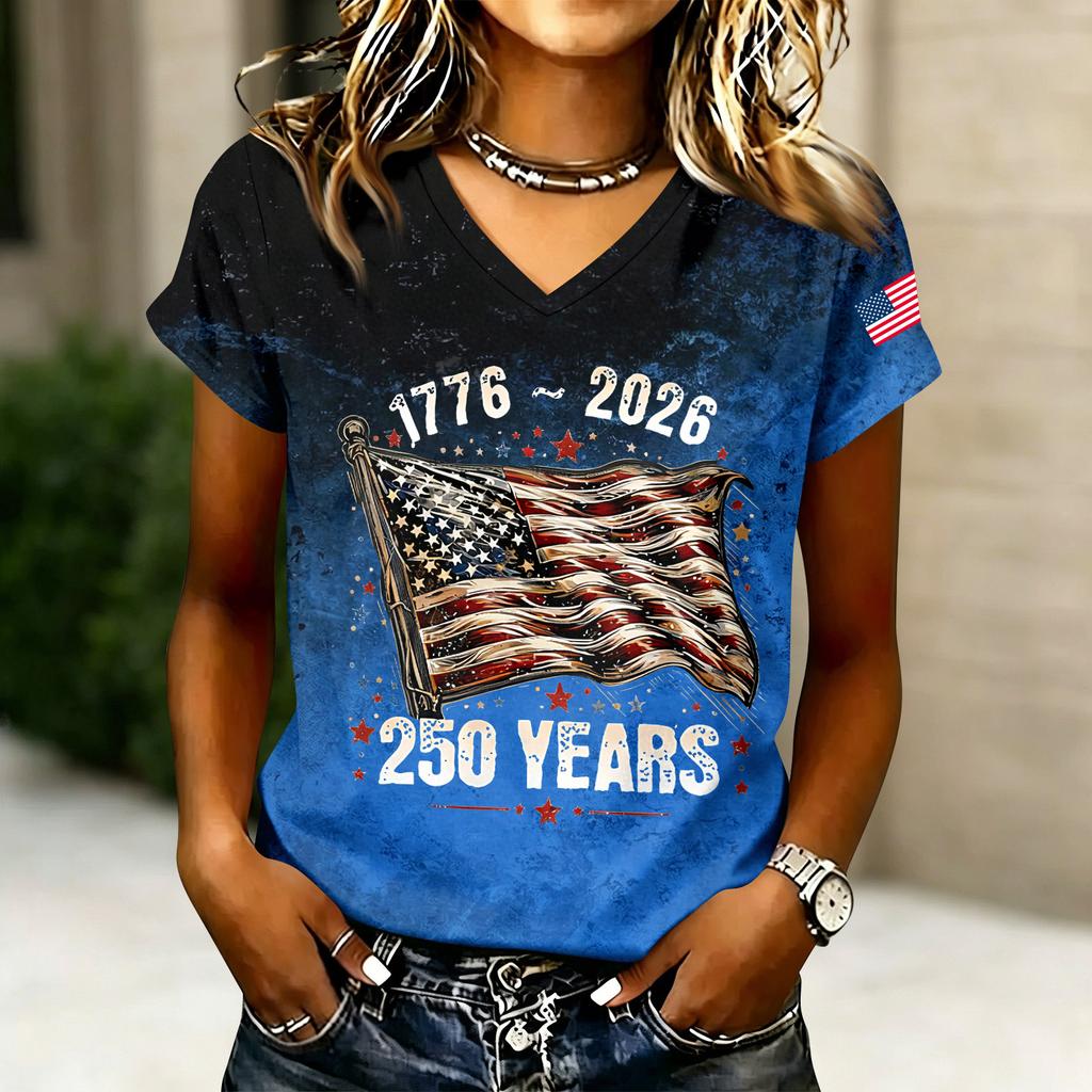 Women's Casual V Neck Short Sleeve T Shirt 250 Years Letter Print Top 1776 2026 American Flag Sleeve Detail Summer Tee