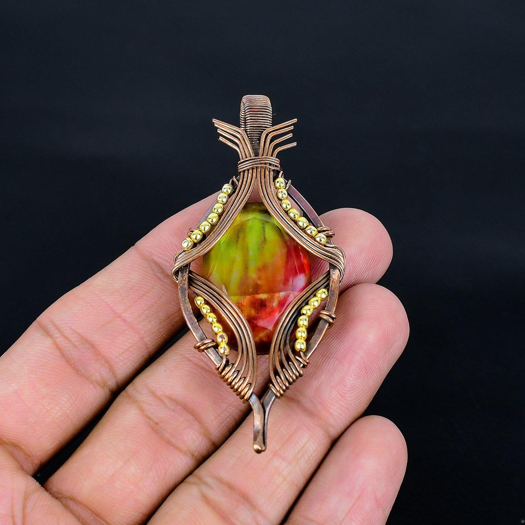 Ammolite Pendant Gemstone Handmade Jewelry, 999 Copper Wire Wrapped Jewelry Pendant, Gift For Wife Jewelry