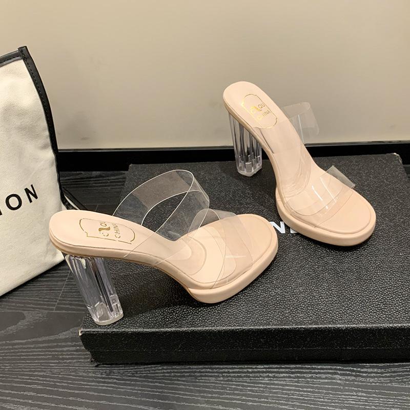 

European and American foreign trade large size transparent crystal high heel cool slippers women 2025 new Internet celebrity rhinestone outer we 42