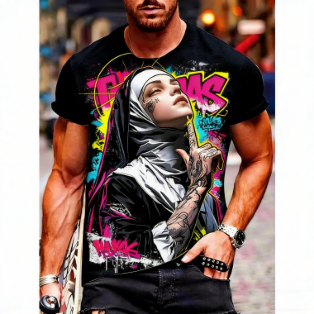 

Summer Europe America Letter Nun Print Men s T-Shirts Fashion Street Short-Sleeve Outdoor Casual Tops Men s and Women s Tees Top XXS