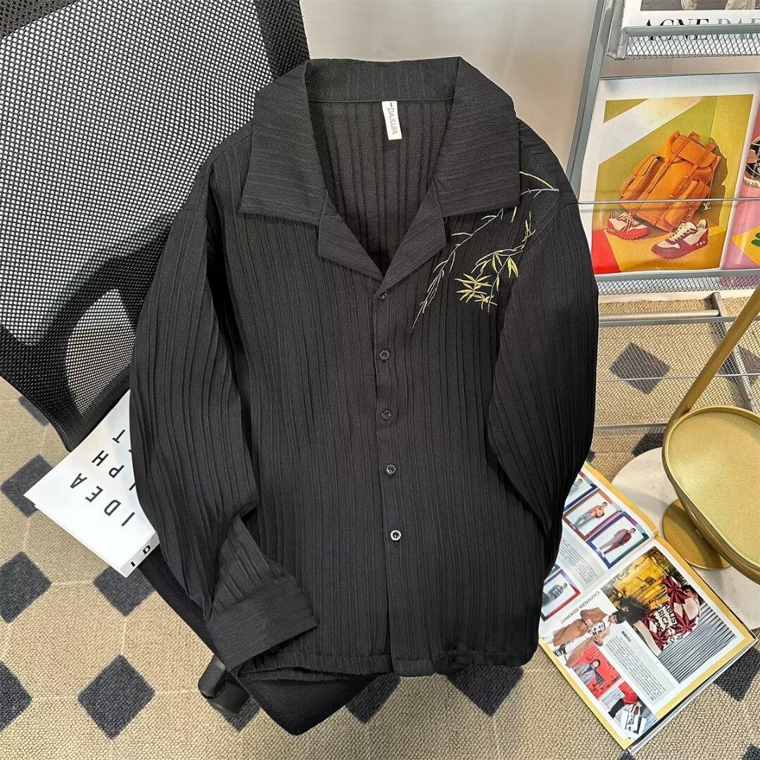 

Мужская повседневная рубашка с коротким рукавом с вышивкой, летняя тонкая куртка в старинном стиле, свободный крой, рубашка больших размеров S чёрный