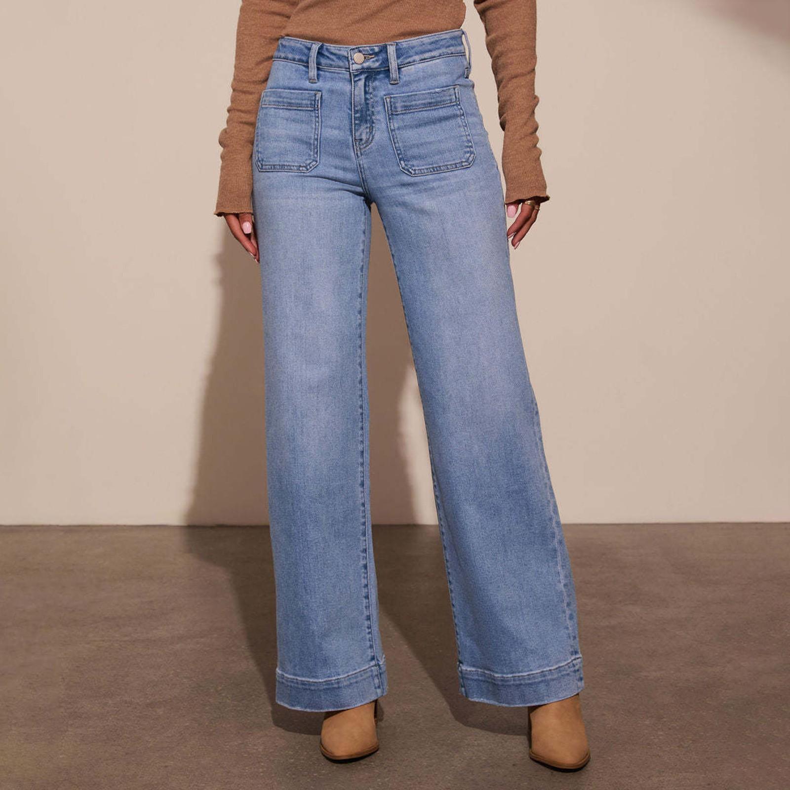 

Женские повседневные модные ретро-темпераментные джинсы с высокой талией и широкими штанинами XL небесно-голубой