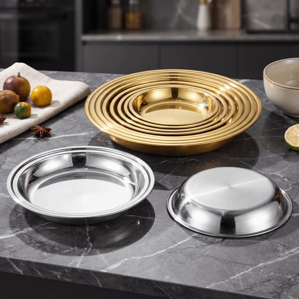 Silver Stainless Steel Round Plate Shallow Tray Rustproof Easy Clean Outdoor Camping Tray Flat Baking Cake Plate Restaurant