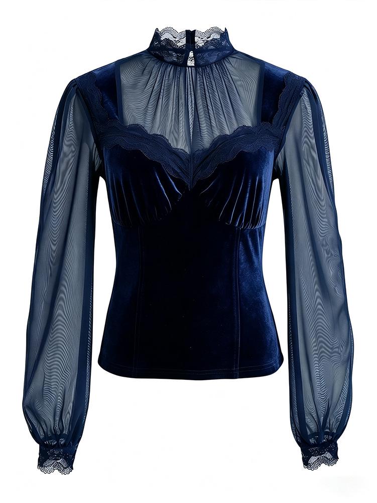 Elegant Spliced Mesh Bell Sleeve Lace-up Waist Top - Spring/Autumn 2026 Collection