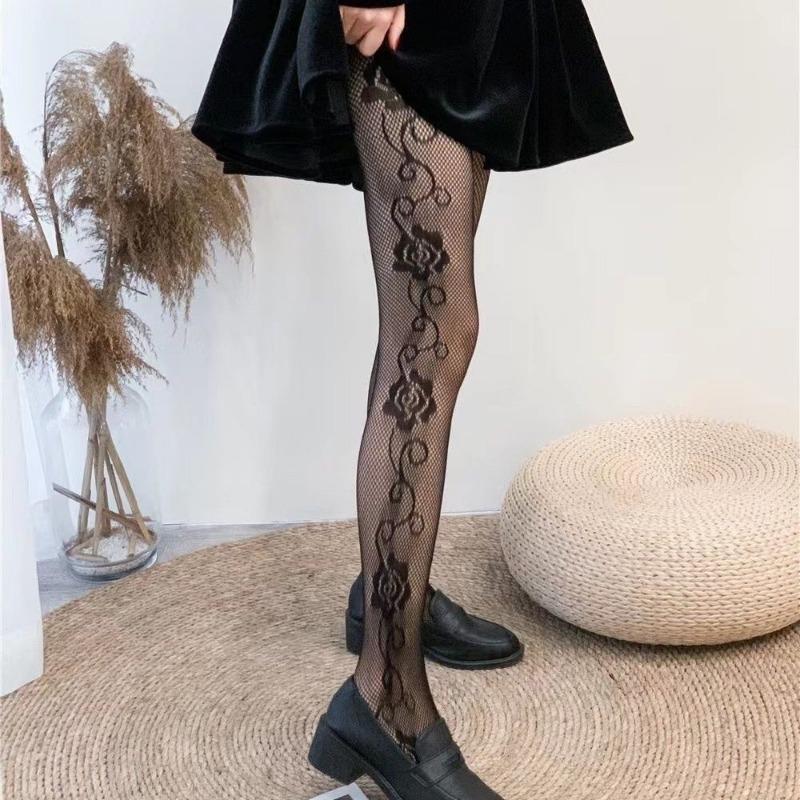 Sexy Fishing Net Socks, Hollowed Out Jumpsuit, Black and White Side Rose Fishing Net Stockings, Thin Stockings for Spring, Summer, and Autumn