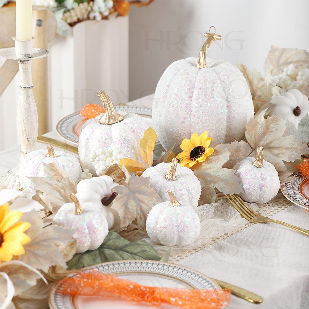 7PCS Gold Glitter Pumpkin Decor Set  Glittered Plastic Pumpkin Decor Set - Perfect For Fall, Halloween Festive Party Decorations