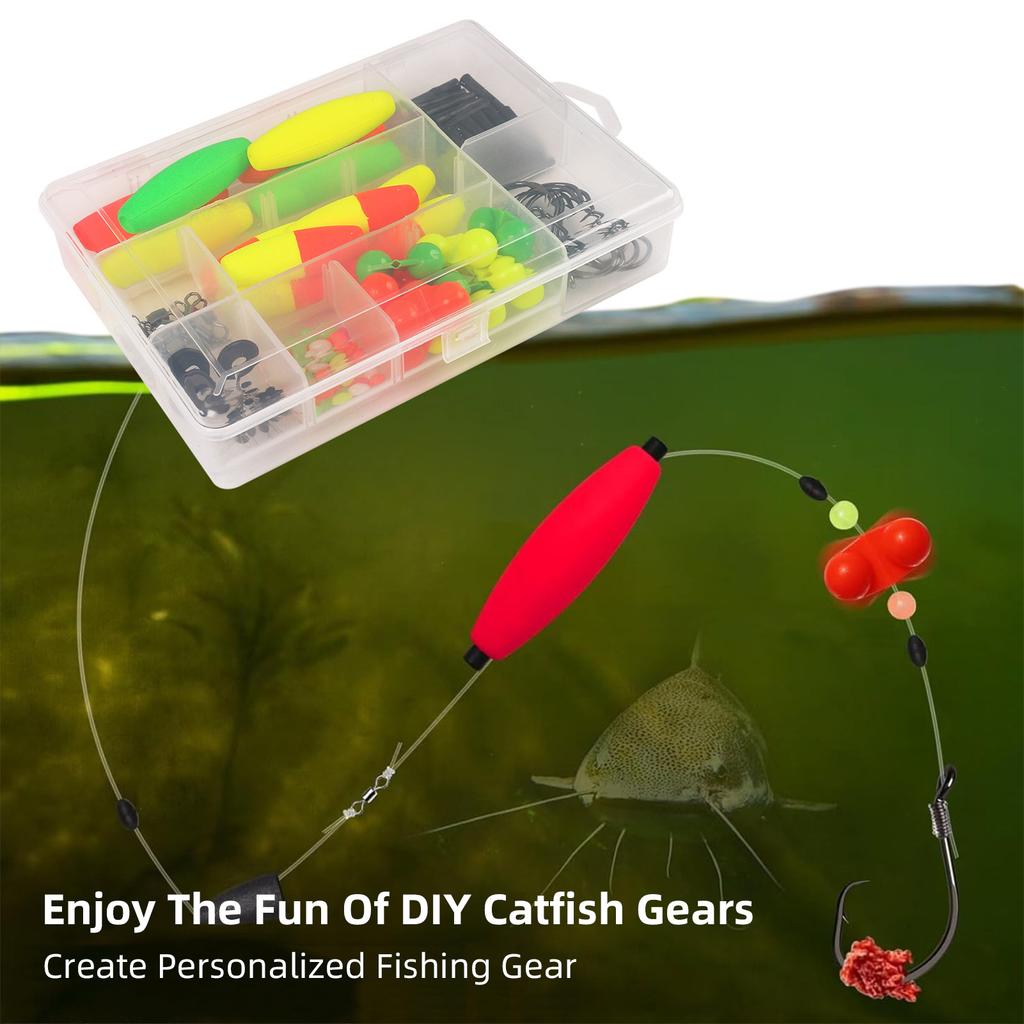 Fishing Tackle Box 102PCS Catfish Tackle with Catfish Floats Catfish Hooks Swivels Fishing Bells