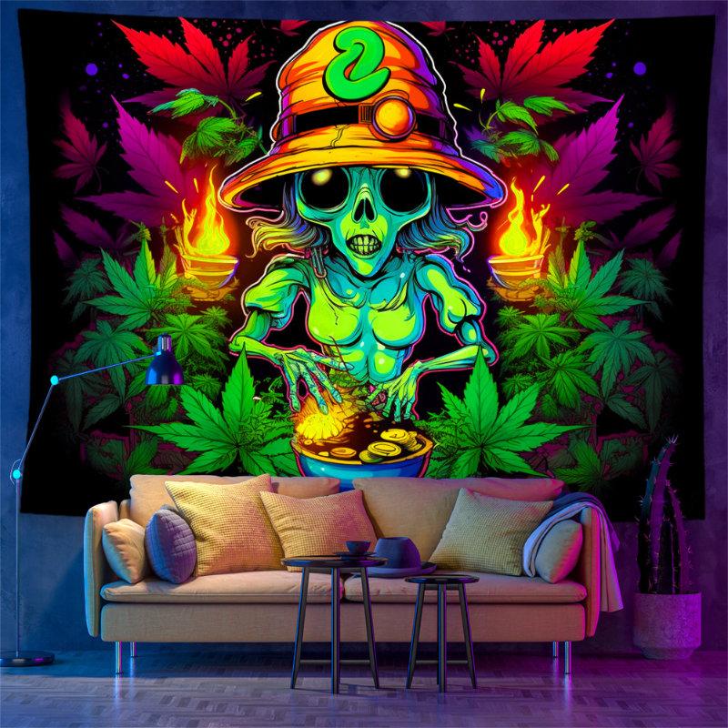 Psychedelic Alien DJ Tapestry Wall Hanging Headphones Turntable Cosmic Galaxy Neon Trippy Aesthetic Wall Art Dorm Decor
