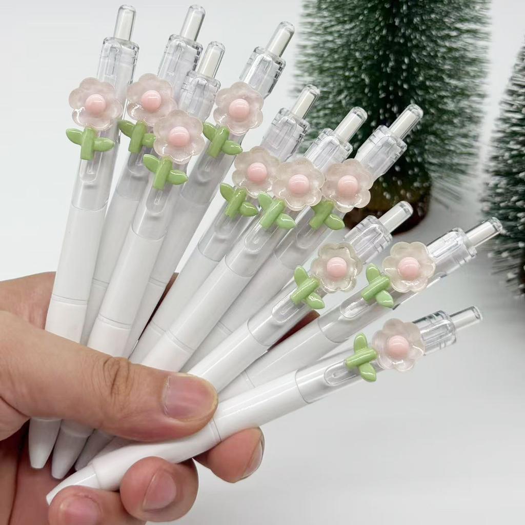 10Pcs Flowers Patch-Themed Retractable Ballpoint Pens - White Soft Grip Pens with Random Flowers Designs, Fine Point, Ideal for Students and Office Us